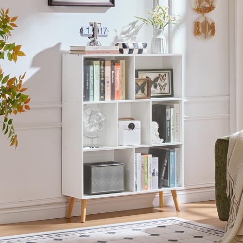 LEYAOYAO Cube Bookshelf, Mid-Century Modern Book Shelf with Legs, White