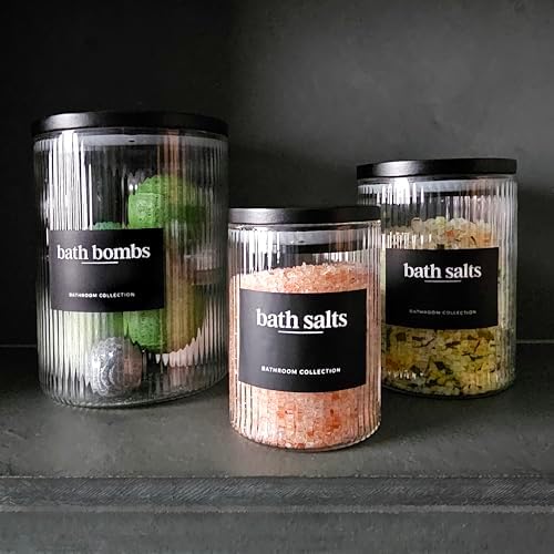 Mason & Fable 3x Ribbed Glass Bathroom Jars with Airtight Black Bamboo Lids | Cotton Pad/Buds/Q tip Holder | Bath Salt/S