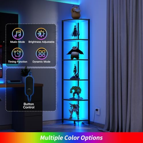 6-Tier Corner Shelf with LED Lights - 65" Tall Narrow Bookshelf, Standing Shelf with Storage Rack, Sturdy Metal Frame & 