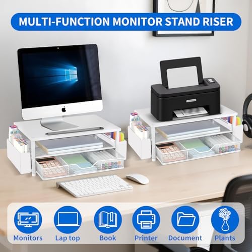 AUPSEN White Monitor Stand Riser, 2-Tier Wood Computer Desk Organizer with Drawer, Pen Storage & Phone Holder, Office De