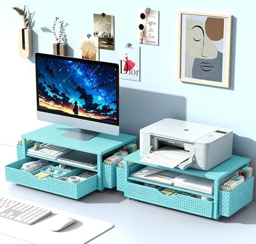 Spacrea Computer Monitor Stand with Drawer and 2 Pen Holders, Blue