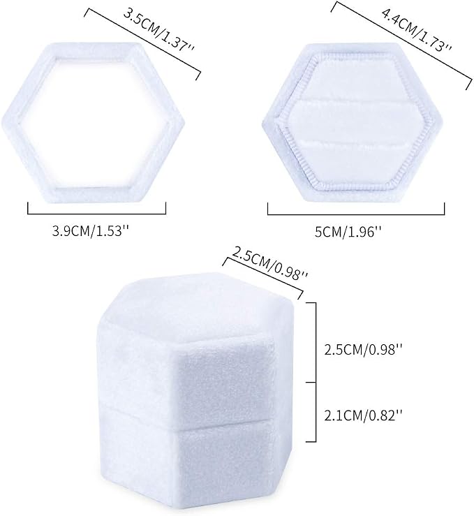 DesignSter Velvet Ring Box Hexagon - Premium Gorgeous Vintage Double Ring Display Holder with Detachable Lid for Proposal, Engagement, Wedding, Ceremony (White)