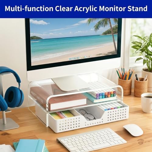 OPNICE Desk Organizer and Accessories, 2-Tier Computer Monitor Stand Riser with Drawer and 2 Pen Holders, Laptop Stand, 