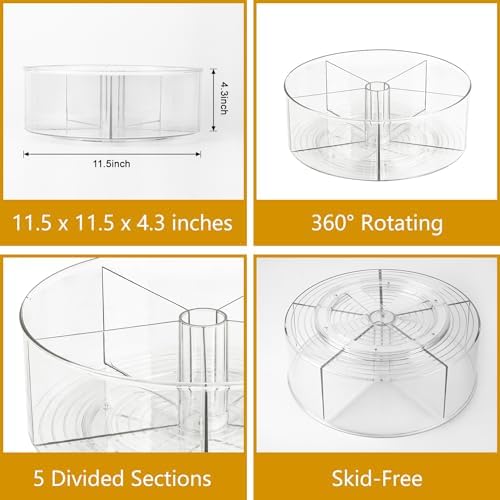 Large Lazy Susan Rotating Turntable Organizer with 5 Dividers - for Kitchen, Bathroom, Cabinet, Pantry, Fridge, Countert