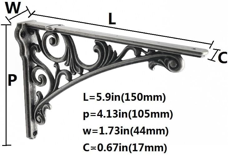 Decorative Shelf Bracket 6 inch, Rustic Antique Silver Brackets for Shelving, Heavy Duty Vintage, DIY Projects, Hardware