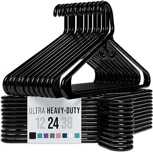 NEATERIZE Thick Heavy Duty Hangers - Black Plastic Clothes Hangers 24 Pack - Great for Coat Hanger, Jackets Jeans & Suit Hanger for Closet - New Apartment Essentials Percheros Ganchos para Colgar Ropa