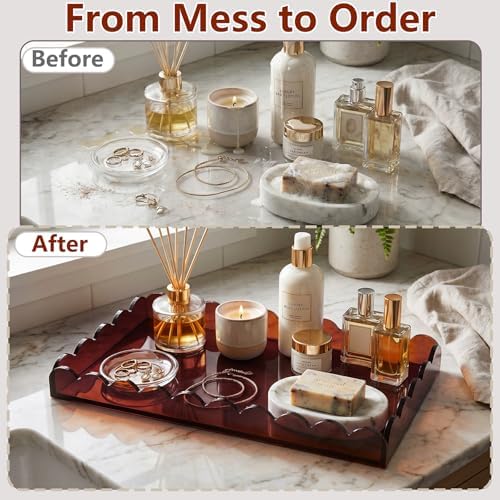 Amber Scalloped Acrylic Tray 5mm Thicken for Vanity Makeup,Perfume, Soap Dispenser, Napkin,12x6''Decorative Serving Tray