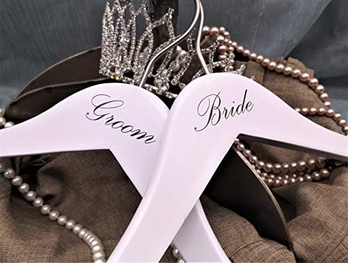 NAHANCO 17" Wooden Hangers, Bride and Groom Set, White with Black Imprint (2 Piece Set)