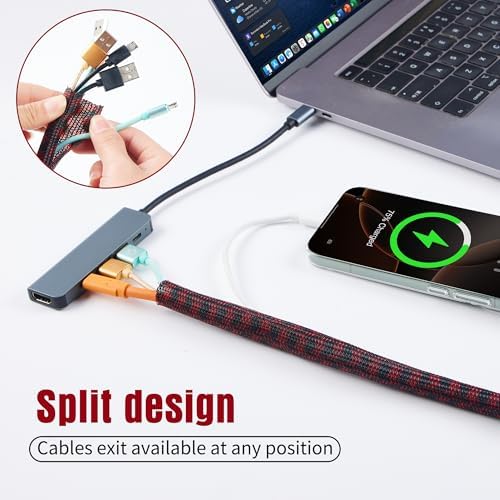 Cable Sleeve Self-Wrapping Wire Loom, Black Red,1/4 Inch x 100FT