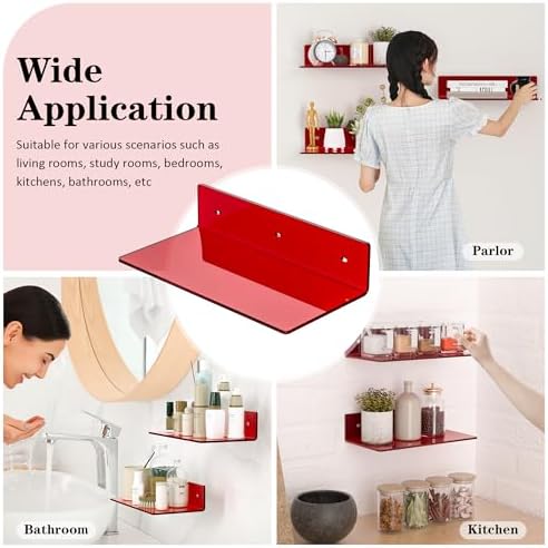 Sezanrpt 12 Inches Red Small Wall Shelves, Acrylic Bathroom Floating Shelves for Living Room, Bathroom, Bedroom, 2 Pack