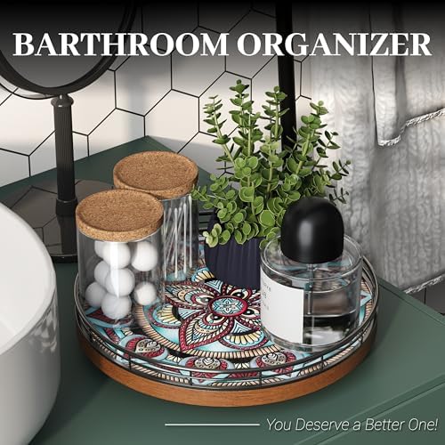 10.2-Inch Boho Lazy Susan with Oak Base and 3D Textured Ceramic Tile