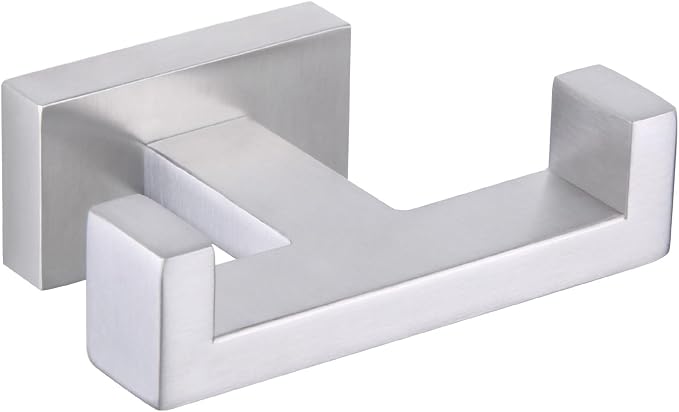 APLusee Square Double Towel Hook, 304 Stainless Steel Dual Coat Holder, Modern Bathroom Kitchen Storage Hanger Wall Mounted, Brushed Nickel