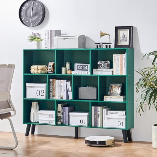 LEYAOYAO 10 Cube Bookshelf,Mid-Century Modern Bookcase with Legs,Dark Green