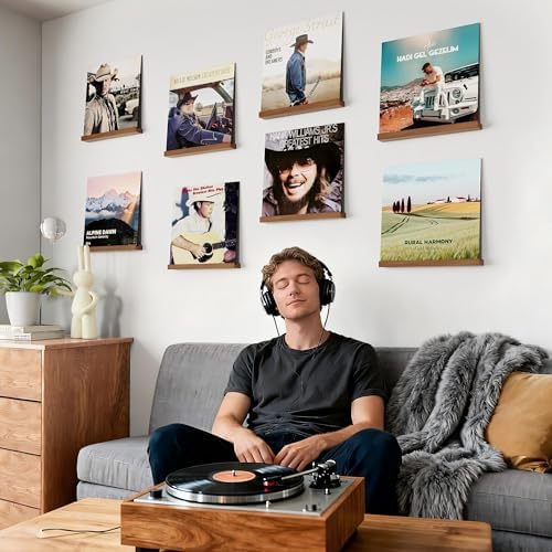 Emfogo Vinyl Record Shelf Wall Mount, 8 Pack Album Record Holder Wall, 12 inch Vinyl Record Storage Shelves Wall, Wood Record Display for Living Room Home(Walnut)