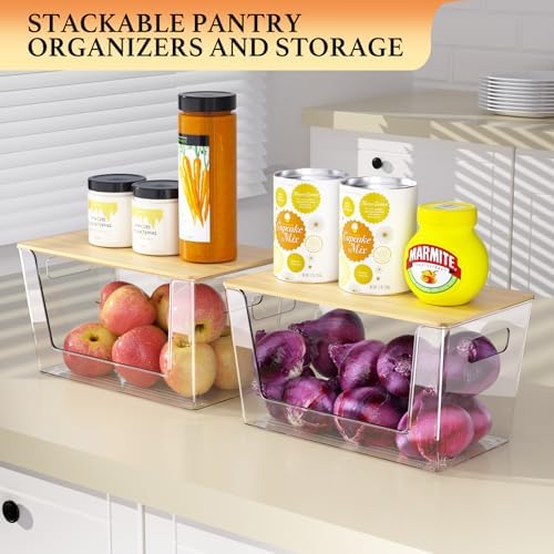 CiWiVOKi 6 Pack Clear Stackable Storage Bins with Bamboo Lids, Trash Bag Holder Dispenser Under Sink Organizer for 4-13 