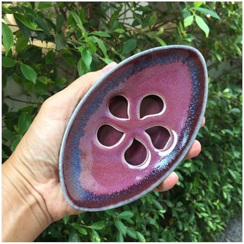 Ceramic Soap Dish with Self Draining Tray for Bar Soap, Bathroom, Kitchen (Purple)