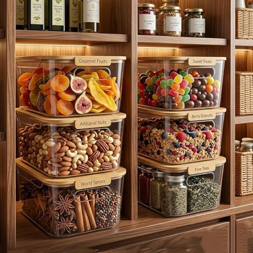 CiWiVOKi 6 Pack Clear Stackable Storage Bins with Bamboo Lids, 3.7L BPA-Free Plastic Organizer Containers with Handles, 