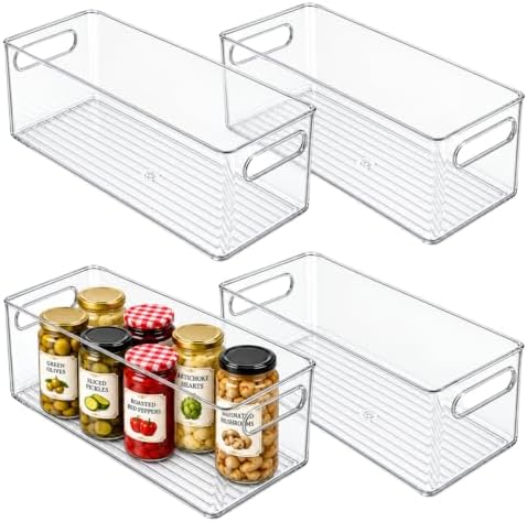 Plastic Food Storage 4 Pack Clear Container Bin with Handles for Organizing Kitchen, Pantry, Refrigerator, Freezer, Pant