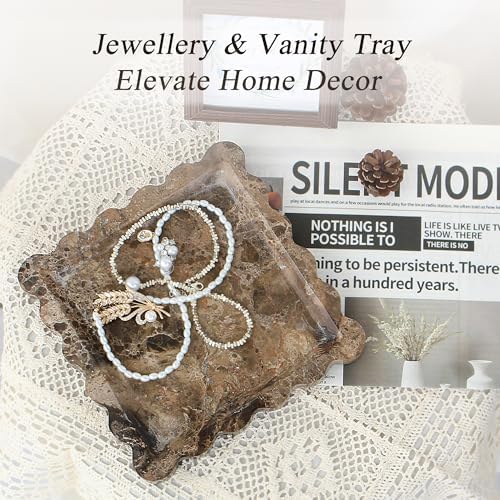 YMXYJM Brown Marble Tray, Scalloped Coffee Table Tray Decor, 8" Square Tray