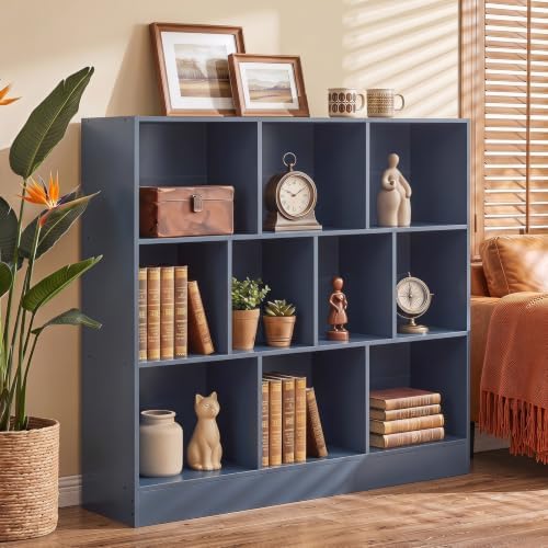 YAHARBO 3 Tier 10 Cube Long Horizontal Bookshelf, Under Window, Dark Blue