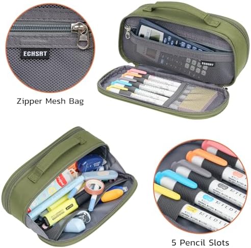 ECHSRT Large Tactical Pencil Case, 3-Compartment Zipper Pouch, Olive Green