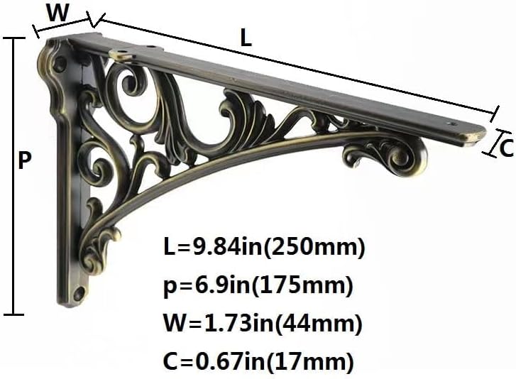 Decorative Shelf Bracket 10 inch, Brushed Antique Brass Brackets for Shelving, Heavy Duty Vintage, DIY Projects, Hardwar