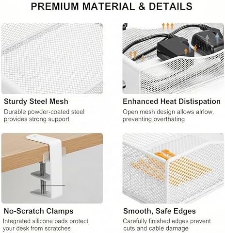 Extra Wide Under Desk Cable Management - 7inch No Drill Installation Cable Management Tray, Clamp/Screw Mount Desk Cable