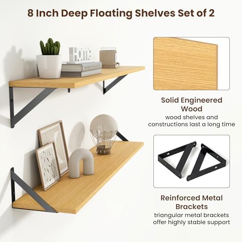 Axeman 36 Inch Floating Shelves, 8 Inch Deep Oak Wall Shelves Set of 2