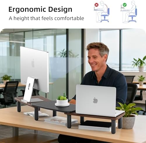 Dual Monitor Stand For Desk,Adjustable Height Long Wood Computer Riser