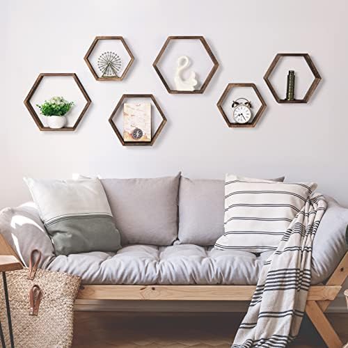 Hexagon Floating Shelves Set of 6, Paulownia Wood Honeycomb Wall Shelf