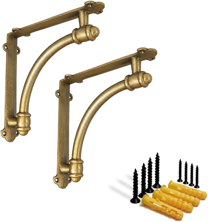 NACH Decorative Shelf Brackets, 2 Pack of 7 x 1.5 x 7 inch Gold Brackets - Cast Iron Shelf Brackets for Mounting - Half 