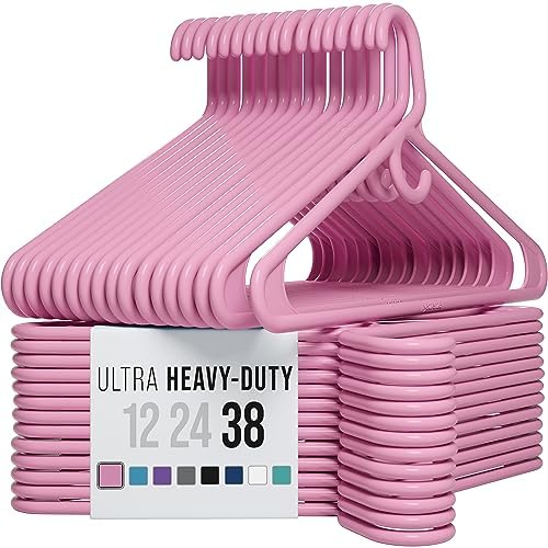 NEATERIZE Thick Heavy Duty Hangers - Pink Plastic Clothes Hangers 38 Pack - Great for Coat Hanger, Jackets Jeans & Suit Hanger for Closet - New Apartment Essentials Percheros Ganchos para Colgar Ropa