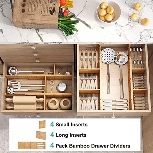 4.4" High Bamboo Drawer Dividers with Inserts, Kitchen Adjustable Drawer Organizers, Expandable Organization for Home, O