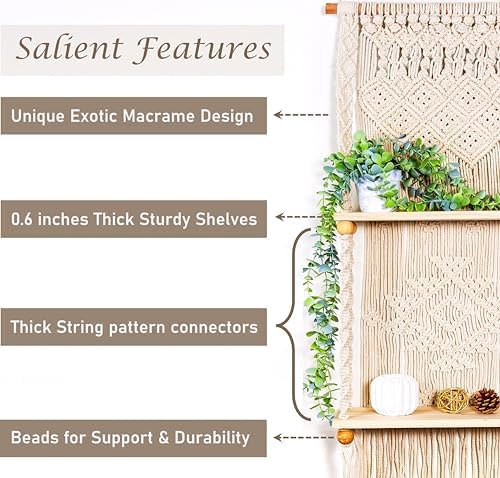 Macrame wall Hanging Shelf (Tier 2, Natural White)