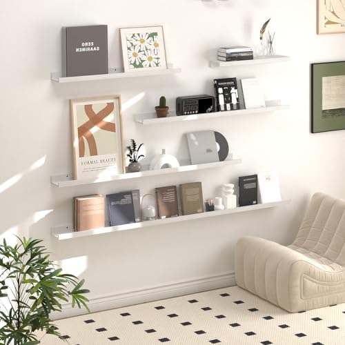 SAUMONIERES Picture Ledge Shelf Floating Book Shelves Set of 2 Wall Mounted Solid Wood for Bedroom Bathroom Living Room 
