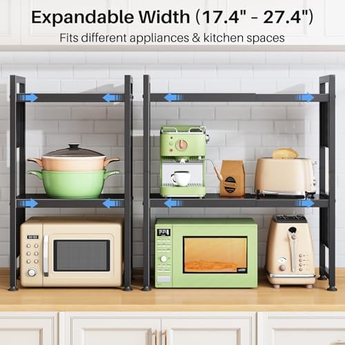 Expandable Microwave Stand, Heavy Duty 3-Tier Adjustable Microwave Oven Rack Shelf with 8 Hooks & 2 Holders, Space-savin