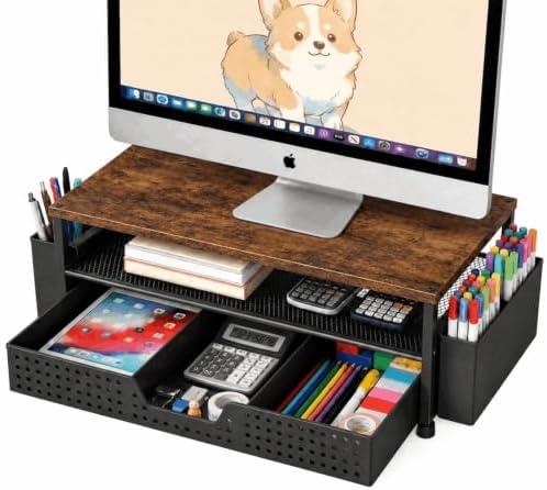 ECOLOVI Desk Organizer and Accessories, 2-Tier Computer Monitor Stand Rise with Storage Drawer & 2 Pen Holders, Laptop &