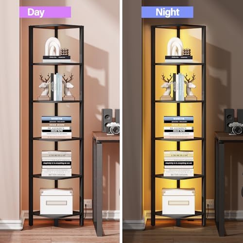 TUTOTAK Corner Shelf with LED Light, 6-Tier Corner Bookshelf