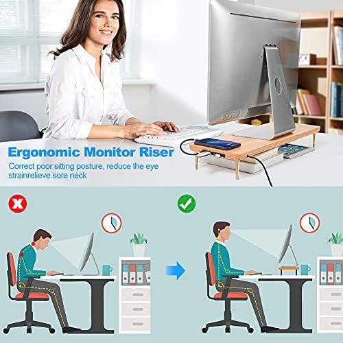 Wood Riser Monitor Stand with USB Ports Computer Stand w/Slot for Tablet & Cellphone Computer Riser w/Big Storage, Dual 