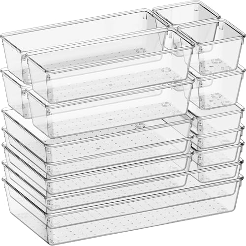 Criusia 16 Pack Large Clear Plastic Drawer Organizer Bins - 5 Size Acrylic Bathroom and Vanity Organizers and Storage Trays for Makeup Office Home, Kitchen Drawer Organizer for Utensils, Gadgets