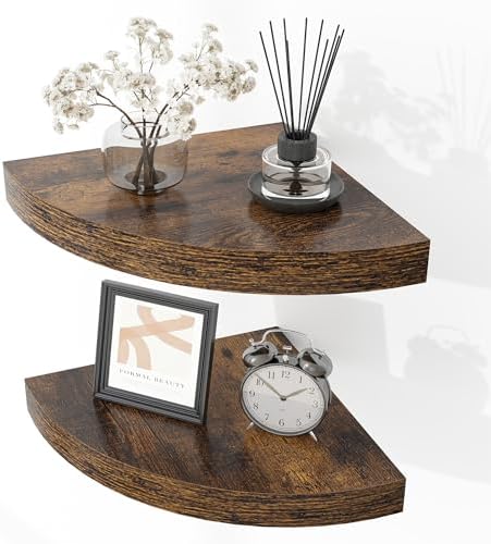 Fun Memories Floating Corner Shelves Set of 2 - Rustic Wood Wall Mounted Storage and Display Shelves for Living Room, Be