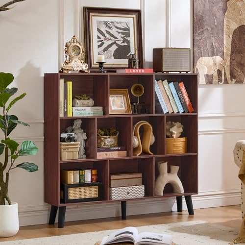 LEYAOYAO 10 Cube Bookshelf, Mid-Century Modern Book Shelf with Legs, Walnut