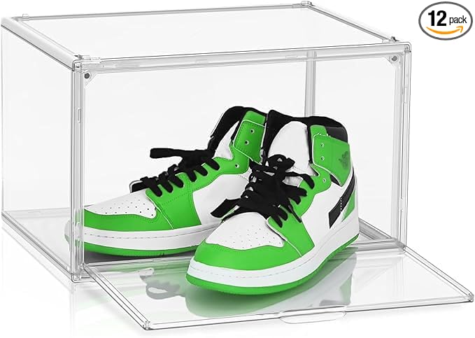 12 Clear Acrylic Shoe Box,Stackable Organizer for Everyday Footwear | Fits size 14 sneakers,casual shoes and athletic footwear.Clear acrylic design with magnetic door & dustproof storage. 12 Pack