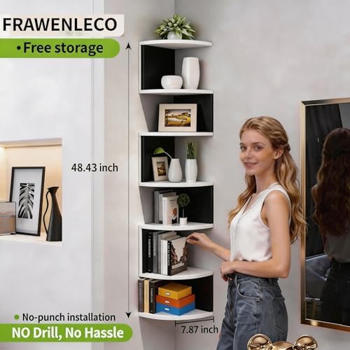 No-Drill Corner Shelf Wall Mount, 7-Tier Floating Corner Bookshelf with Hooks, Space-Saving Zigzag Plant Shelf for Bedro