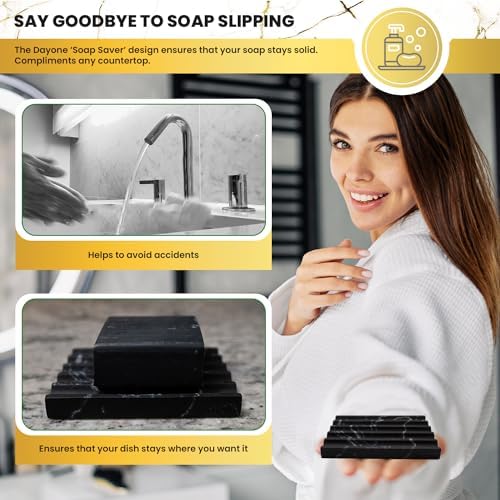 DAYONE Holder with Marble Look - Soap Dish with Soap Saver Ridges Rectangle Bar Soap Holder with Non Slip Feet - Soap Tr