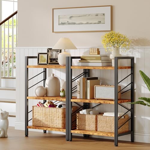DurayLoly 2 Pieces 3 Tier Bookshelf for Narrow Space, Rustic Brown