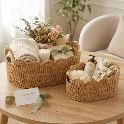 Coeusy Paper Rope Scalloped Basket Set of 2, Wicker Storage Baskets for Shelves,Gifts,Books,Toys,Cute Decor Rattan Baske