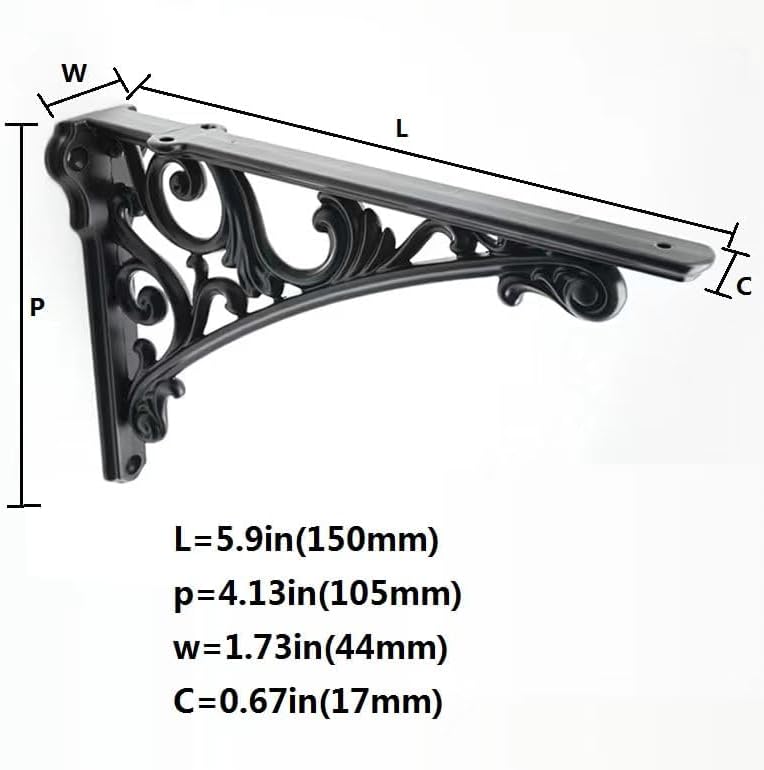 Decorative Shelf Bracket 6 inch, Black Brackets for Shelving, Heavy Duty Vintage, DIY Projects, Hardware Included, 2 Pac