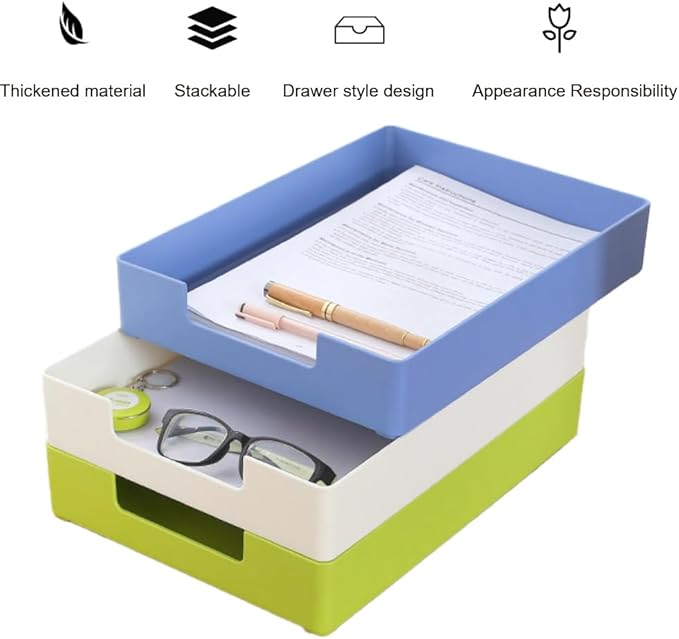 Stackable Letter Tray, 2 Pack Blue, Desk Organizer | Plastic stackable letter tray, fits A4/letter. Anti-skid stacking support. Desktop file organizer for office, school, home.