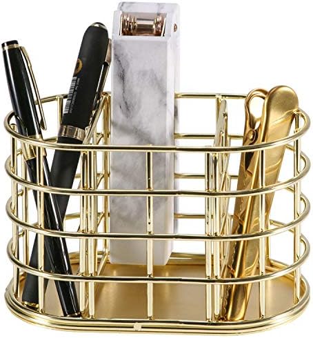 Pen Holder, 3 Compartment Metal Pencil Holder Stationery Organizer, Decorative Desktop Storage Holder for Office Supplies, Gold